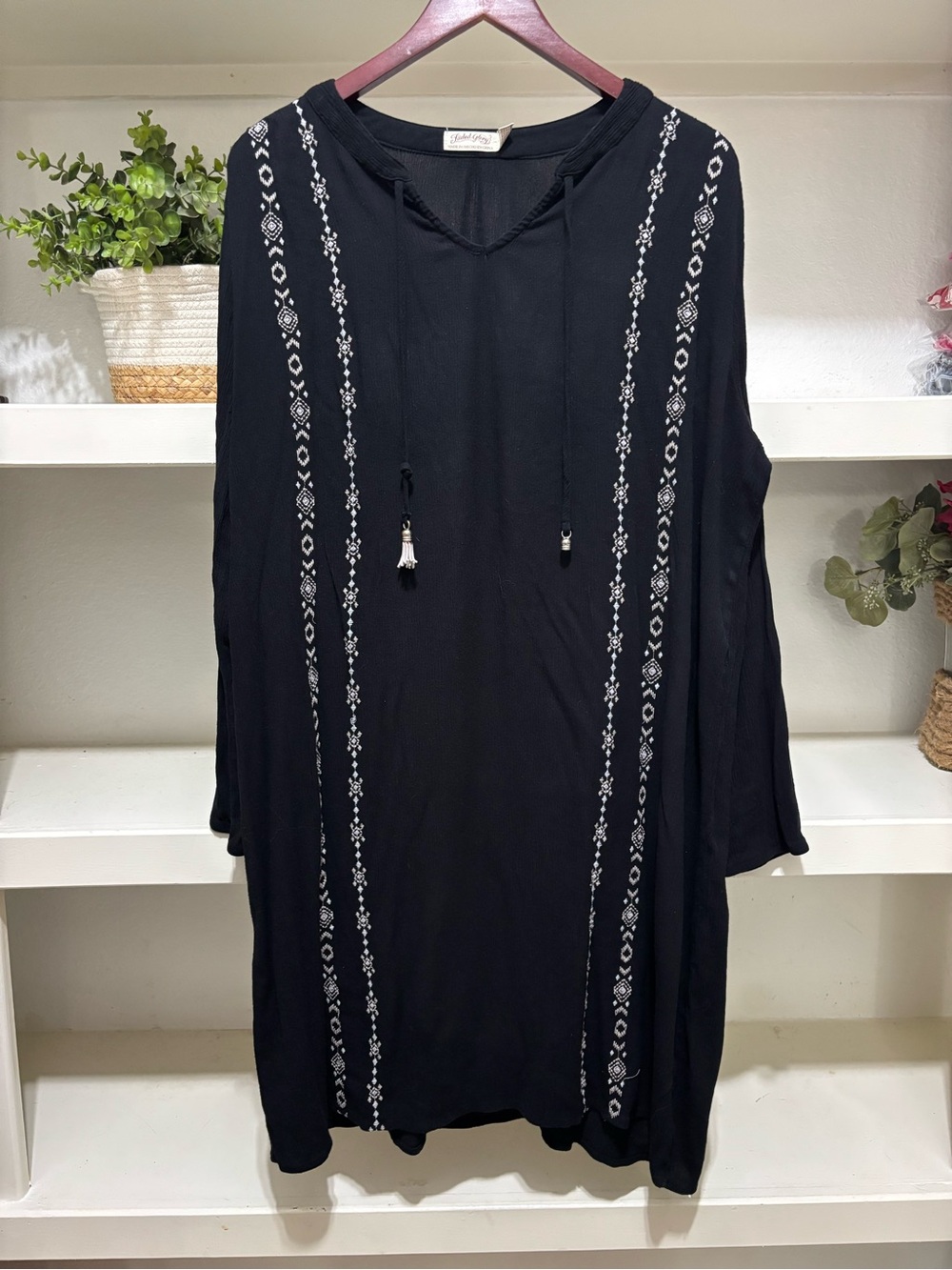 Faded Glory Black Embroidered V-Neck Tunic with Tassel Ties